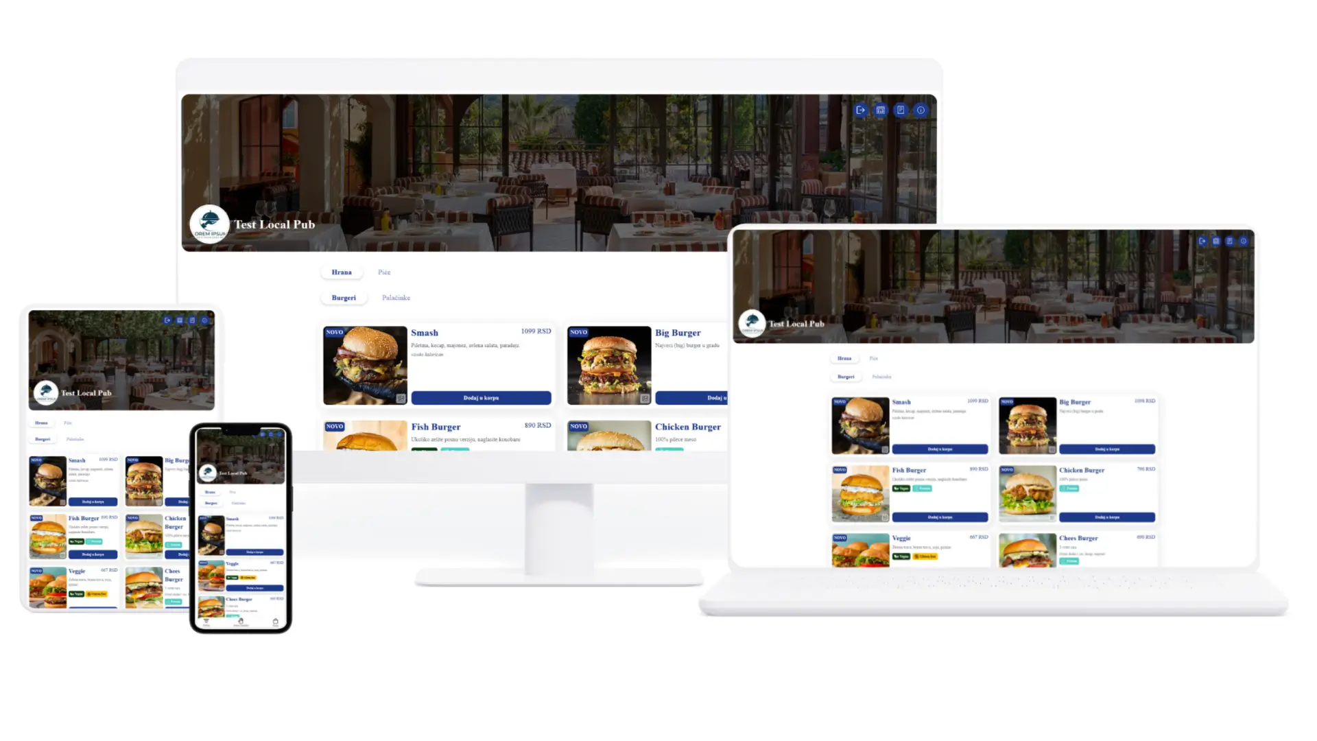 Prikaz digitalnog menija na ekrenu komjutera, laptopa, tableta i mobilnog telefona