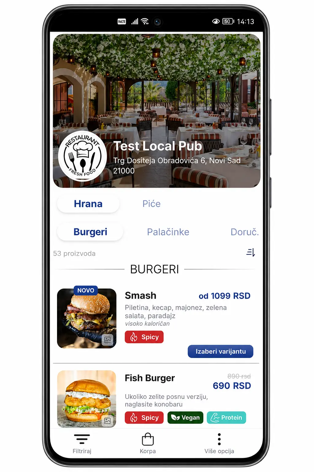 QuickMenu digitalni meni prikazan na telefonu